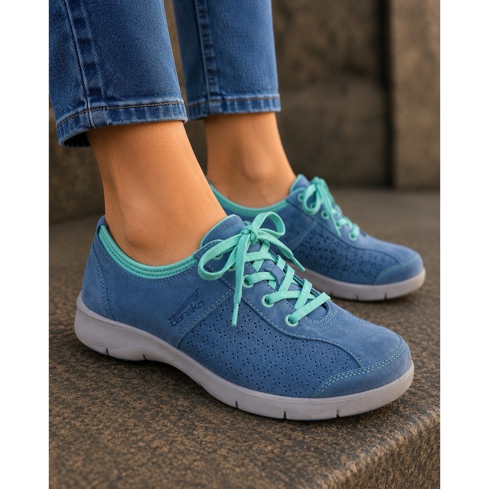 Dansko Elise Blue Leather Suede Green Nylon Low Top Sneaker Size 38/7.5 Walking